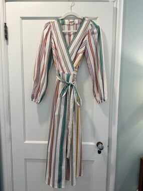 SOLD ❌ Boden Striped Wrap Maxi Dress in Green, Yellow, Pink and Cream